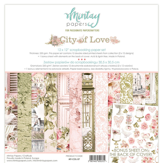 Mintay City Of Love 12" X Scrapbooking Paper Set, Card Making, Craft Supplies, Collage, Floral Decorative Paper, Premium Pink Floral