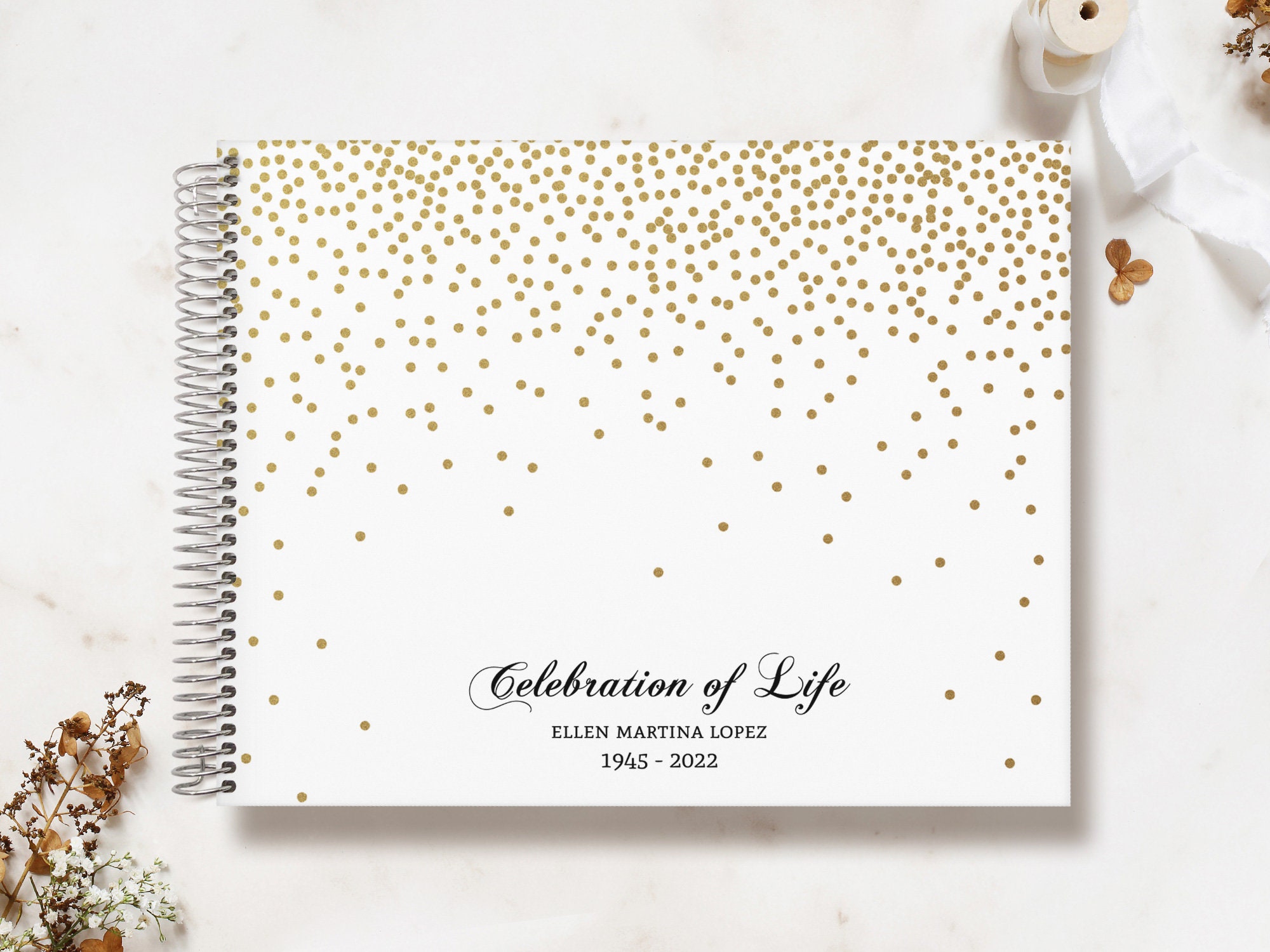 Funeral Guestbook | Remembrance Guest Book Memorial Personalized Registry Golden Faux Glitter