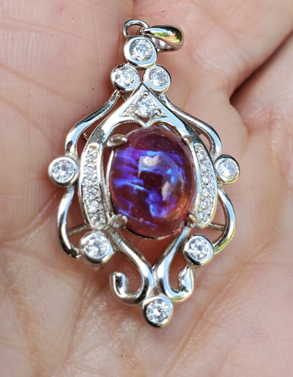 Dragon's Breath Necklace, Vintage 8x10mm Dragons Glass, 925 Sterling Chandelier Pendant W/9 Czs, Chain