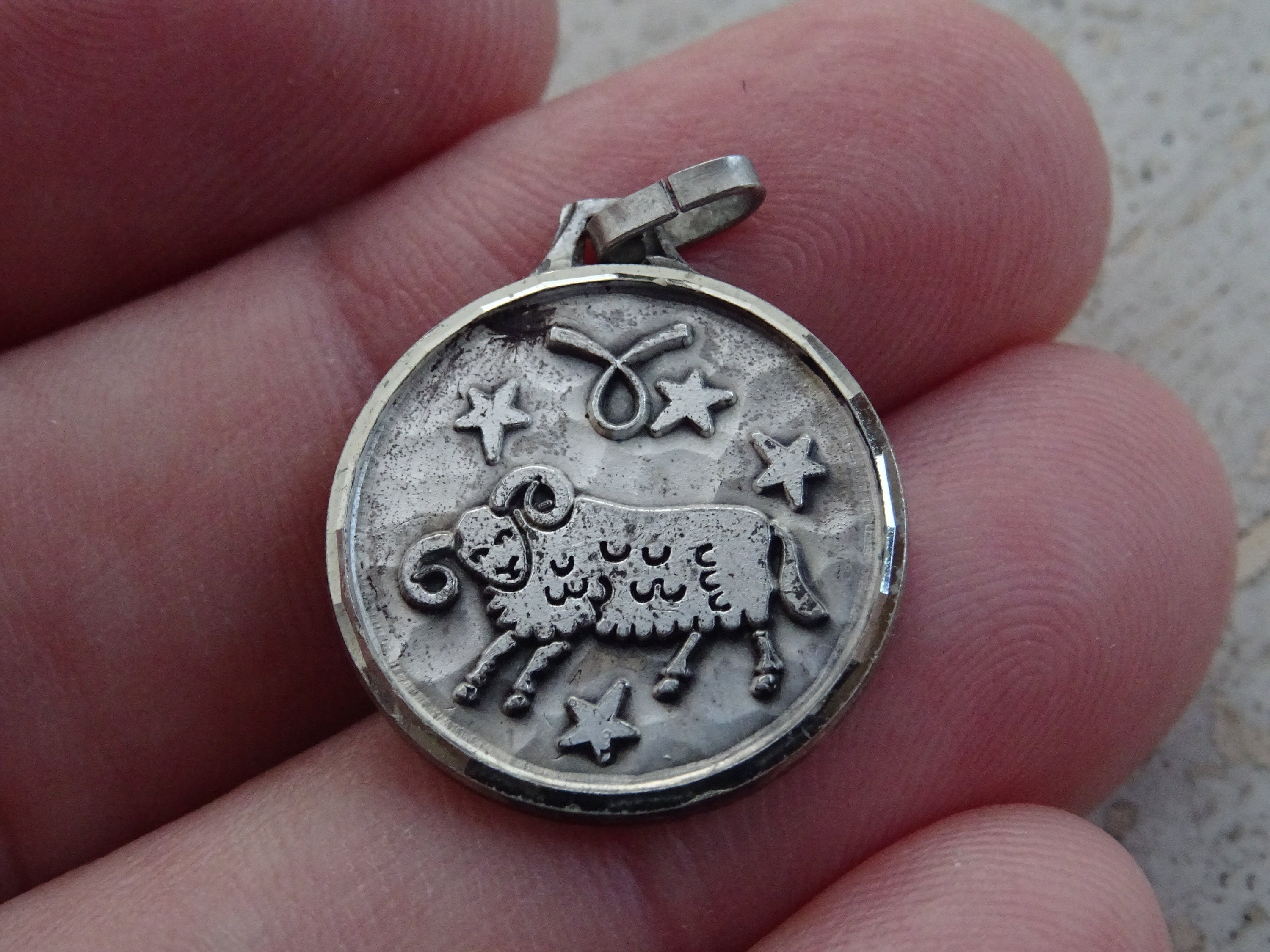 Vintage Silvered Zodiac Constellation Medal Pendant Charm Medallion Sign Of Aries. | Ram D 13