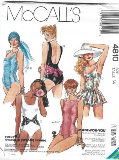 1990S One Piece Modest Swimsuits U Neck Back Skirt Option Mccall's 4810 Uncut Ff Size 14 Bust 36 Women's Vintage Sewing Pattern