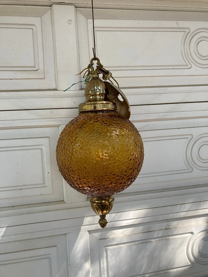 Hanging Ceiling Light in Glowing Amber Patterned Glass