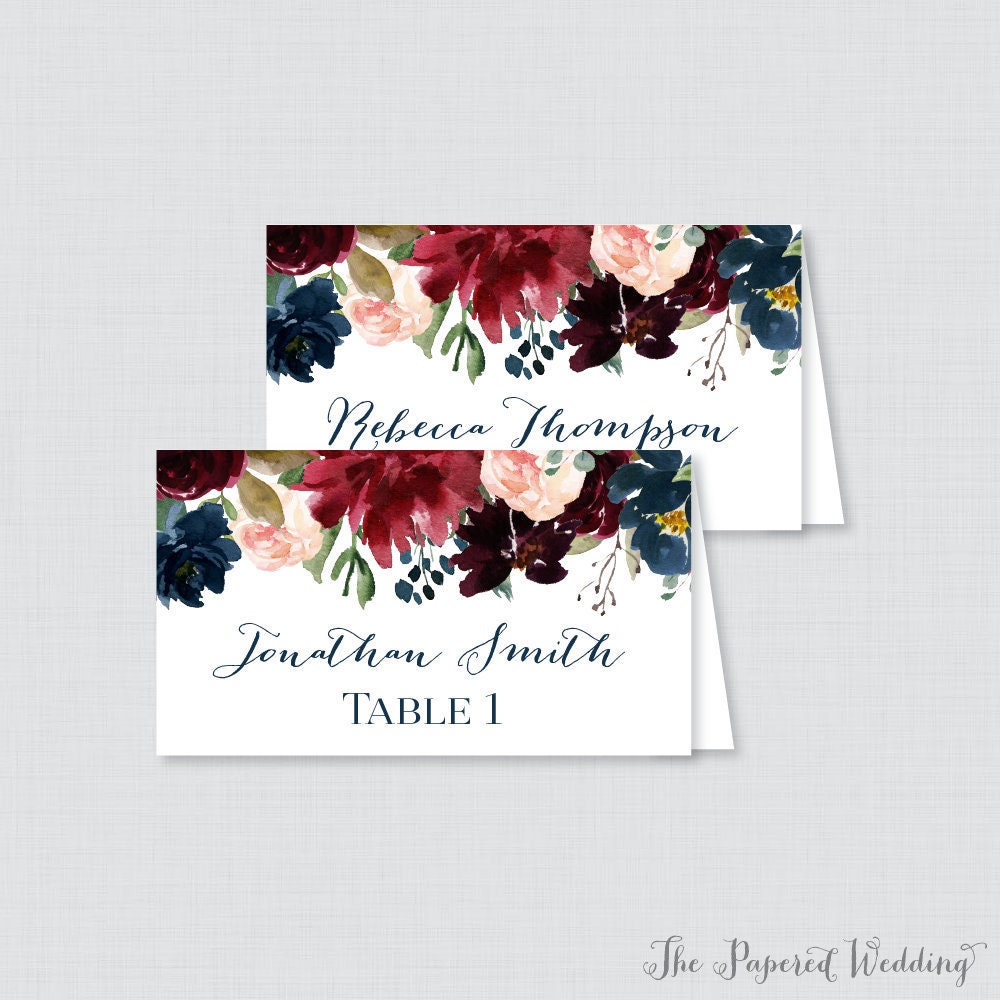 Printed Wedding Place Cards - Navy & Marsala Floral Table Cards, Rustic Wine Flower Printable For 0010