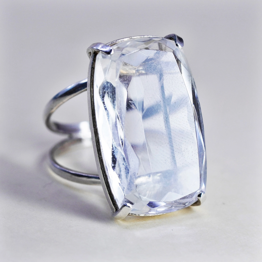 Size 5.75, Vintage Sterling 925 Silver Handmade Ring With Emerald Cut Crystal, Stamped 925, Cocktail Jewelry