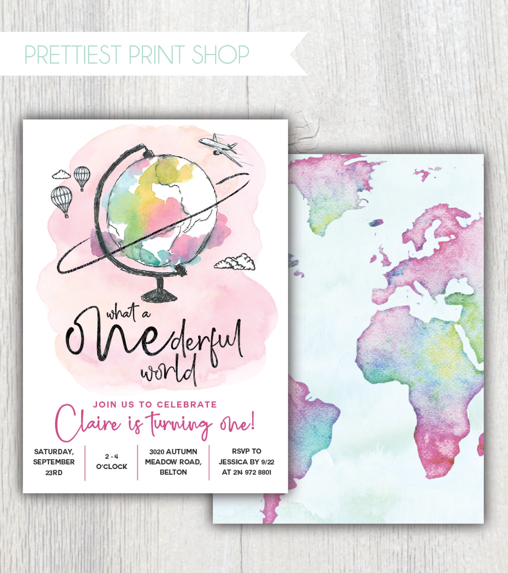 Printable Onederful Birthday Invitation - What A World Party Globe Hot Air Balloon Airplane Travel First Customizable