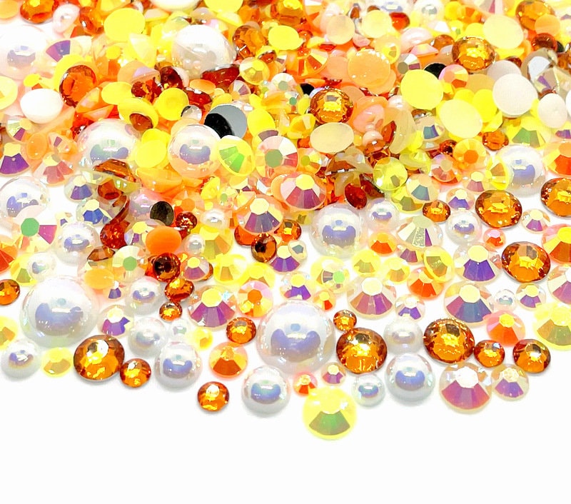 Mango Madness Blend Rhinestone Mix 2mm-10mm Flatback Jelly Resin | Faux Pearls Mixed Sizes, Orange White Yellow