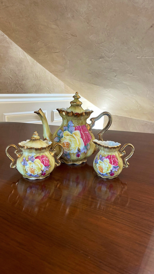 Elegant Vintage Porcelain 3 Pc.set, Teapot, Creamer & Covered Sugar Bowl; Victorian Style Teapot Set
