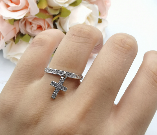 Dangling Cross Ring Round Simulated Diamond 925 Sterling Silver