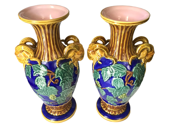 Vintage Pair Of Majolica Ram Head Vases