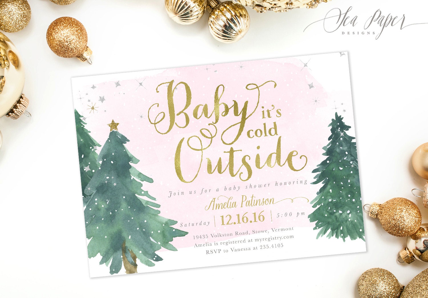 Winter Baby Shower Invitation Girl, Girl Holiday Invite, It's Cold Outside, Christmas - 1 Pink