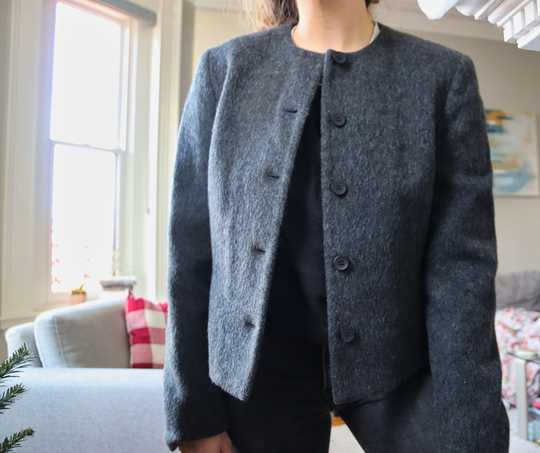 Vintage Charcoal Gray Wool Blend Short Coat By Jones New York/Minimalist Cropped Winter Jacket Button Up Collarless Blazer Coat, Size 8