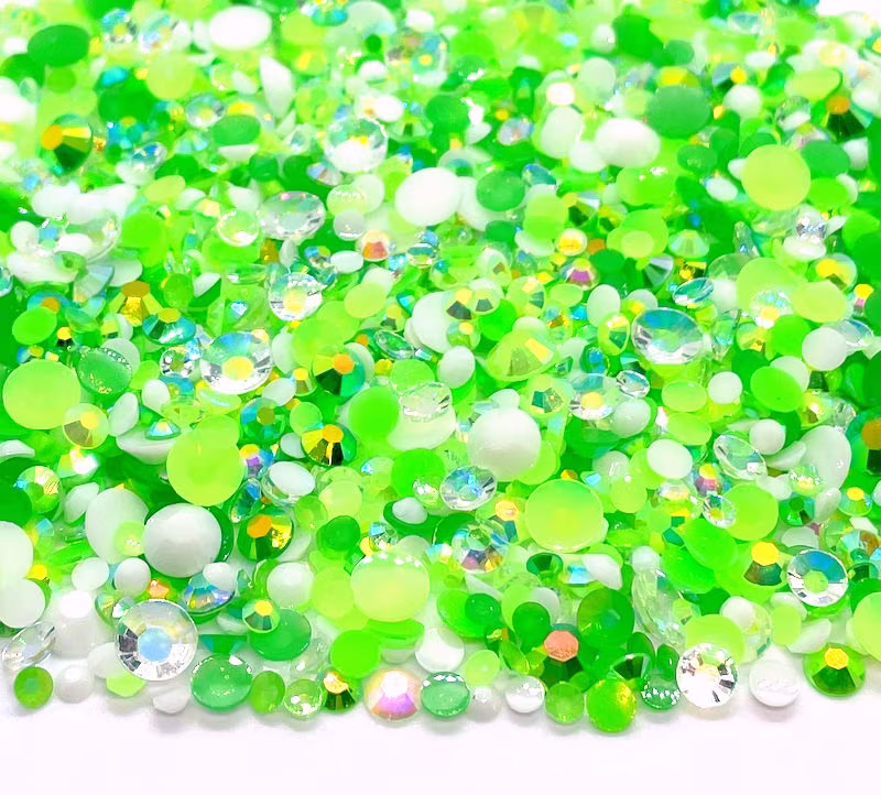 st. Patrick's Day Lucky Blend Rhinestone Mix 3/4/5/6mm Flatback Jelly Resin Rhinestones Mixed Size, Green| White | Clear