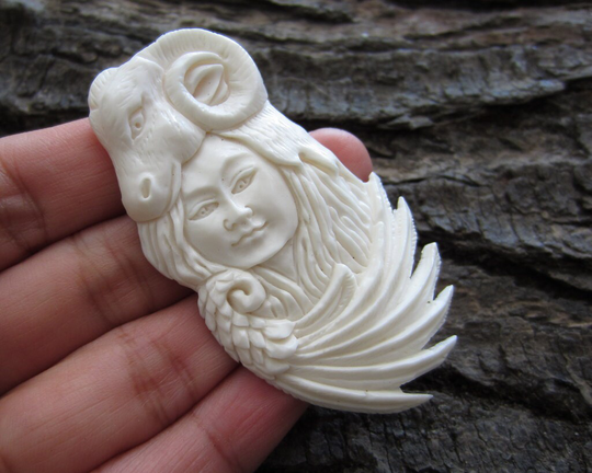 Gorgeous Carved Buffalo Bone, Spirit Lady & Ram Cabochon, Natural Component, Jewelry Making Supplies S2329