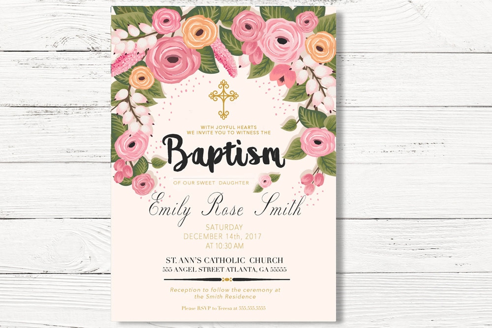 Baptism Invitation, Floral Invite, First Holy Communion Flowers Christening Religious Card, C024