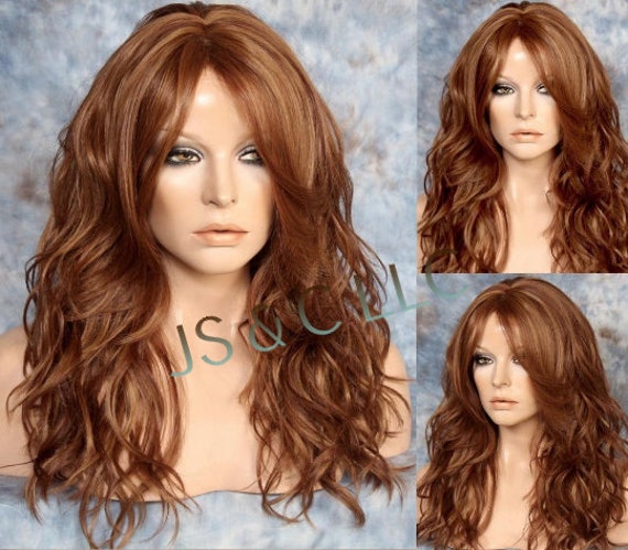 Natural Human Hair Blend Wig Medium Auburn Mix Loose Relaxed Waves Full Long Bangs Off Center Parting Cancer Alopecia Theater Cosplay Drag