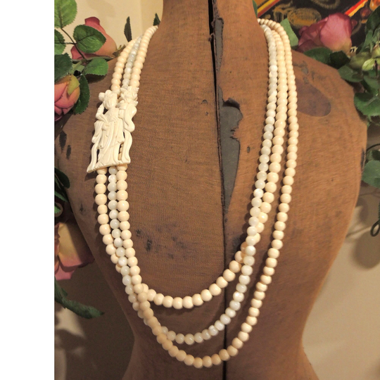 Vintage Celluloid & Mother Of Pearl Three Strand Necklace, Asian Woman With Flowers, 36 Inch Necklace