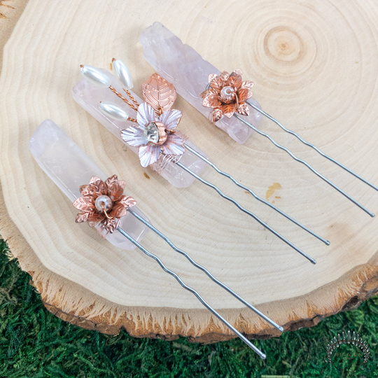 Rose Quartz Flower Hairpins | Crystal Pink Bridal Wedding Hair Jewelry Festival Bling Gemstone