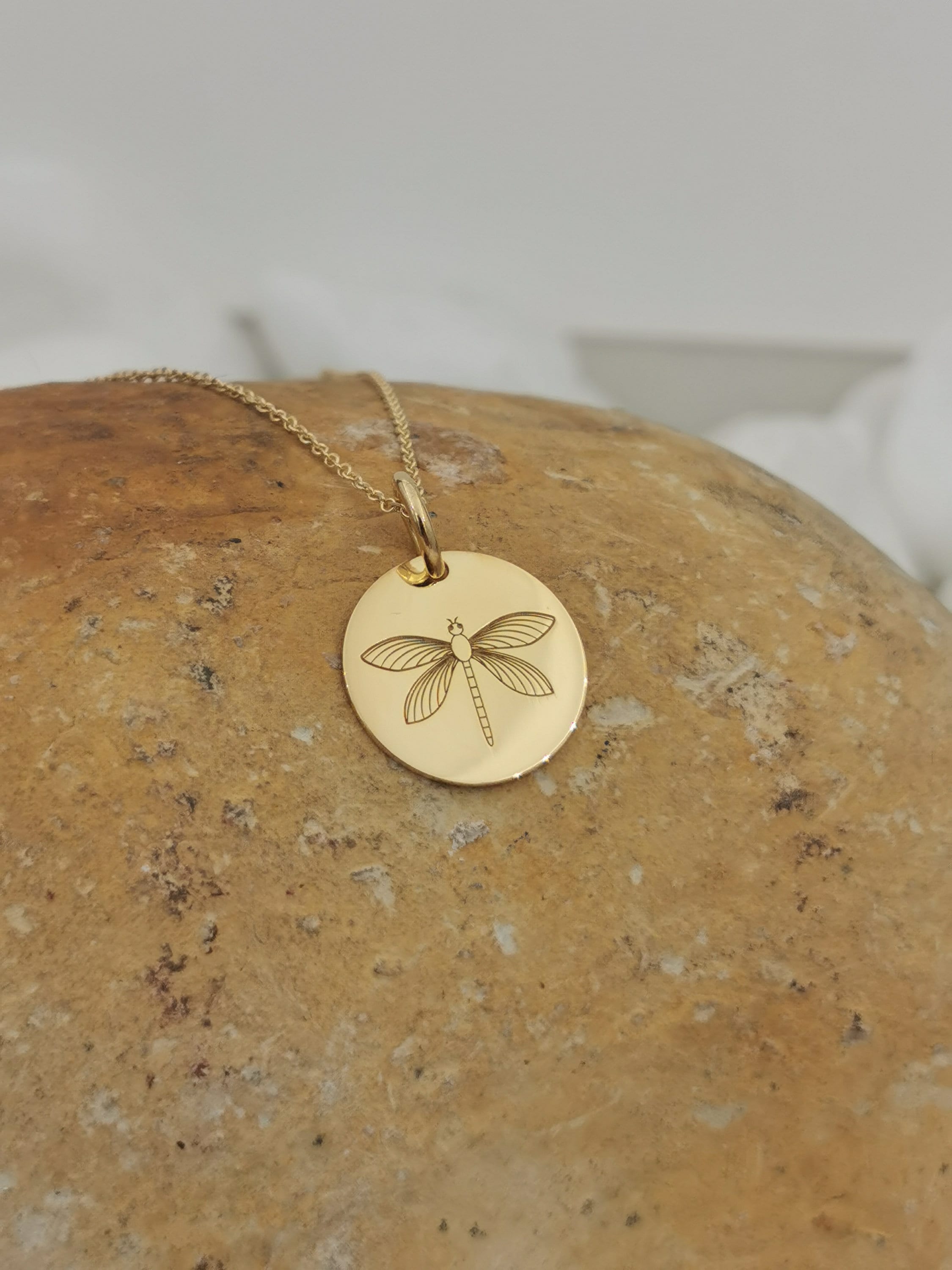 Dainty 14K Solid Gold Dragonfly Necklace, Personalized Coin Pendant, Jewelry, Necklace For Layered