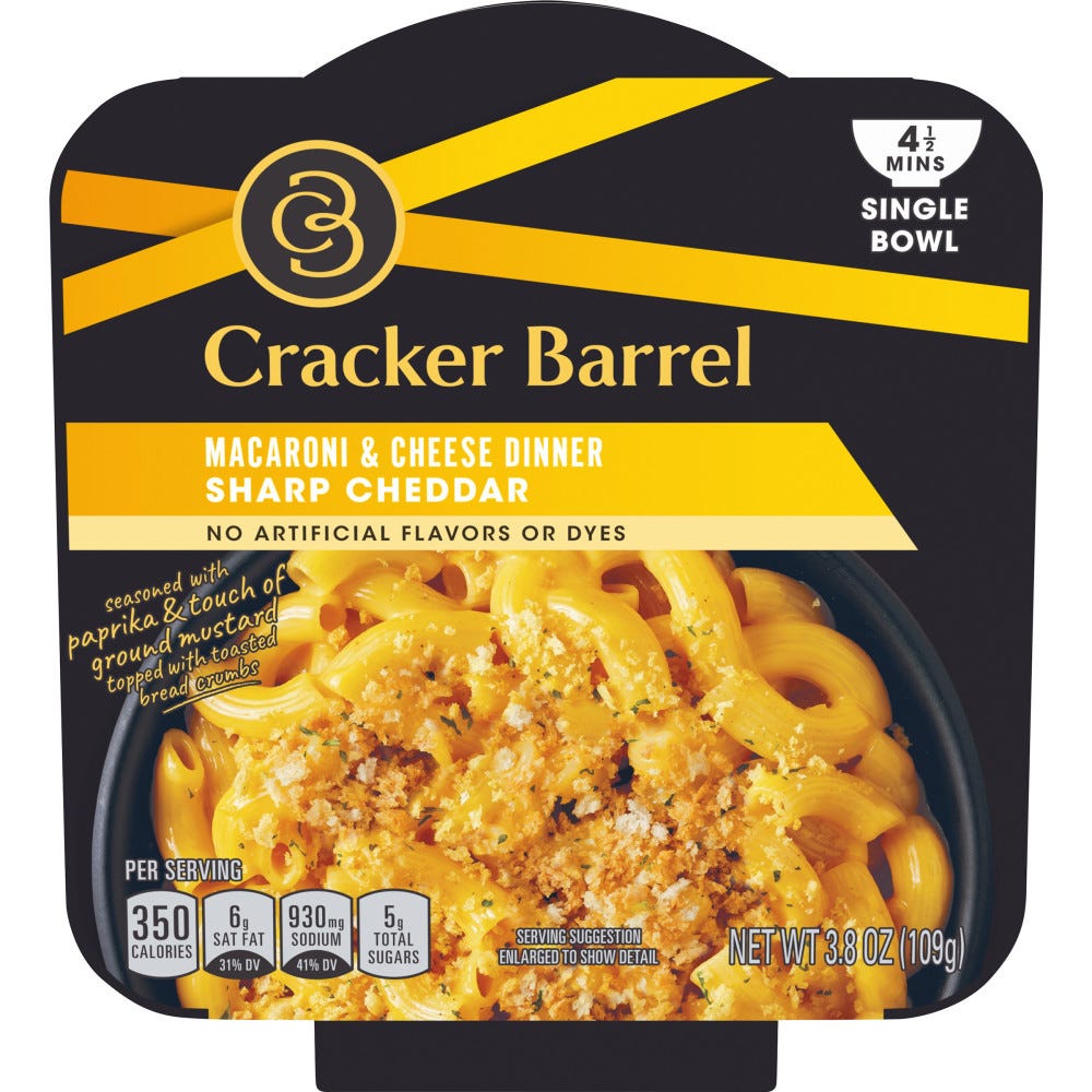 Cracker Barrel Macaroni & Cheese Dinner, Single Serve Bowl, Sharp Cheddar - 3.8 oz