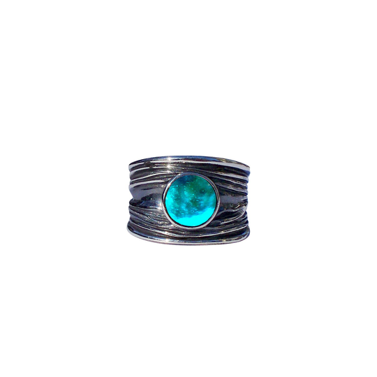 Recycled Vintage Blue Mason Jar & Sterling Woodland Reflections Ring