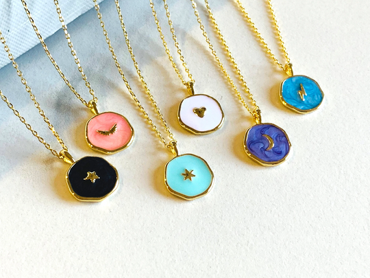Celestial Pendant Necklace, Heart Gold Coin Moon Sun Angel Enamel Valentine's Gifts For Her