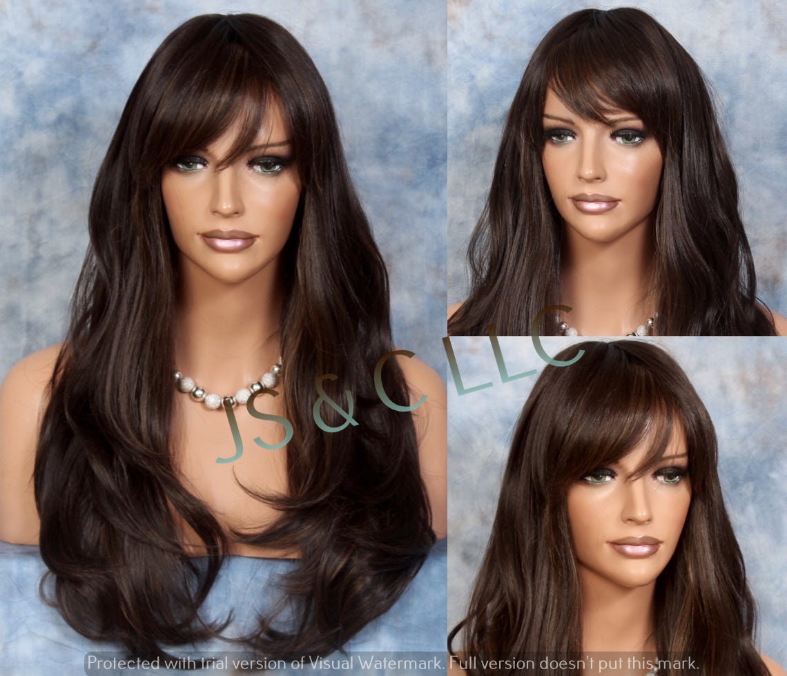 stunning Human Hair Blend Wig Brown W Auburn Highlights Long Layered Wavy Full Heat Resistant N Bangs Cancer/Alopecia/Cosplay/Anime