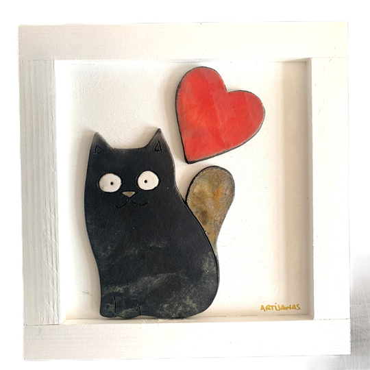 Picture Cat With Heart Ceramic Raku 20x20