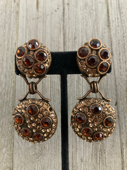 Bijoux Designs Vintage 1980's Nos Massive Bronze Dangle Runway Clip Earrings With Multicolored Rhinestones