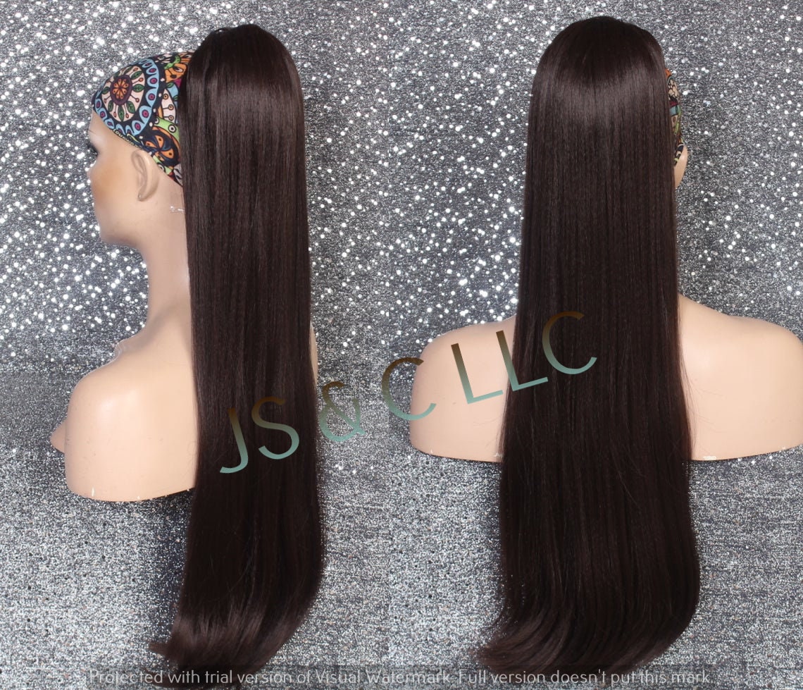 Dark Brown Human Hair Blend Ponytail Piece Drawstring Extra Long Wavy Simply Put It On & Go Can Be Wrapped Around As A Bum