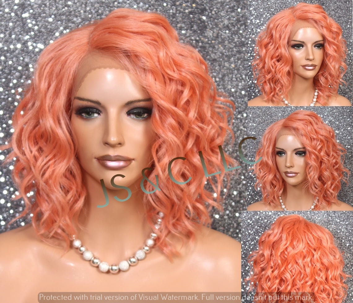 Dark Peach Color Human Hair Blend Wig Lace Front L Shape Part Mono Handtied Short Curly Cancer Alopecia Theather Cosplay Drag