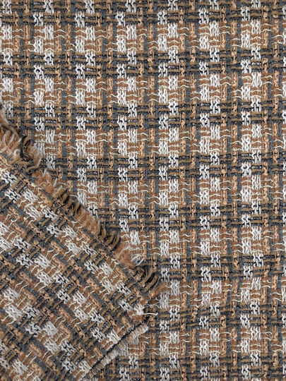 Tweed Plaid Fabric, Wool Blend Boucle, Camel Beige White Check, 3D Textured Tartan With Gold Lurex, For Suit, Jacket, Coat, By 1.90 Meter