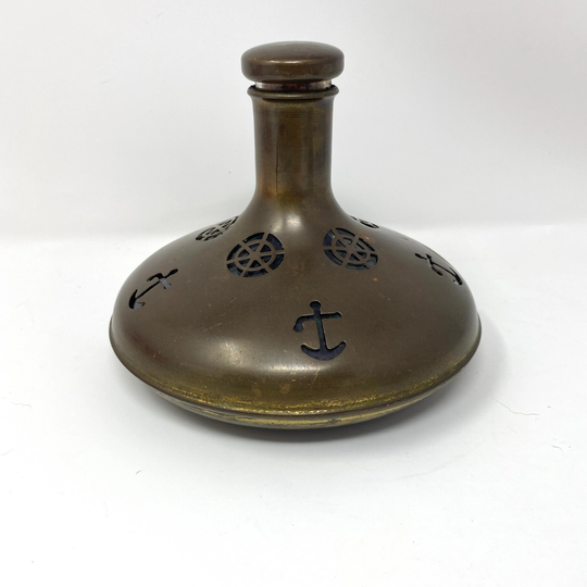 Vintage Brass Nautical Ships Decanter, Made in Sweden, Swedish Metal Glass Squat Aged Bottle