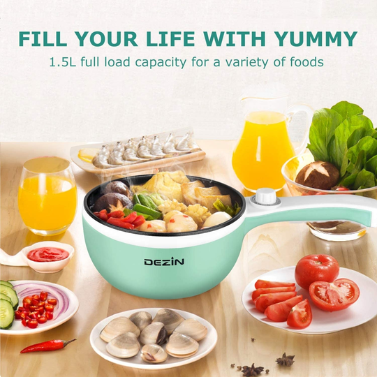 Dezin Electric Hot Pot Upgraded, Non-Stick Sauté Pan, Rapid Noodles Cooker, 1.5L Mini Pot for Steak, Egg, Fried Rice, Ramen, Oatmeal, Soup