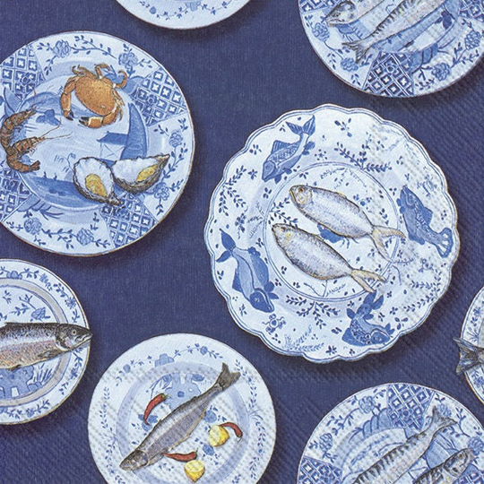 Decoupage Napkins | Seafood On The Porcelain Plate Blue Pattern Paper For
