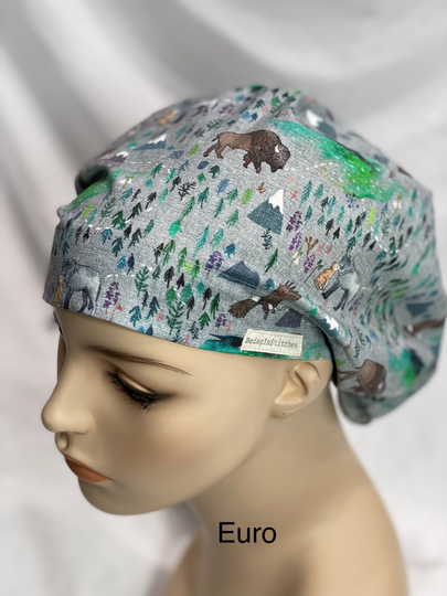 Outdoor Mountain Wildllife Wolves Buffalo Eagle Trees Scrub Hat Cap For Men Unisex Women Medical Surgical