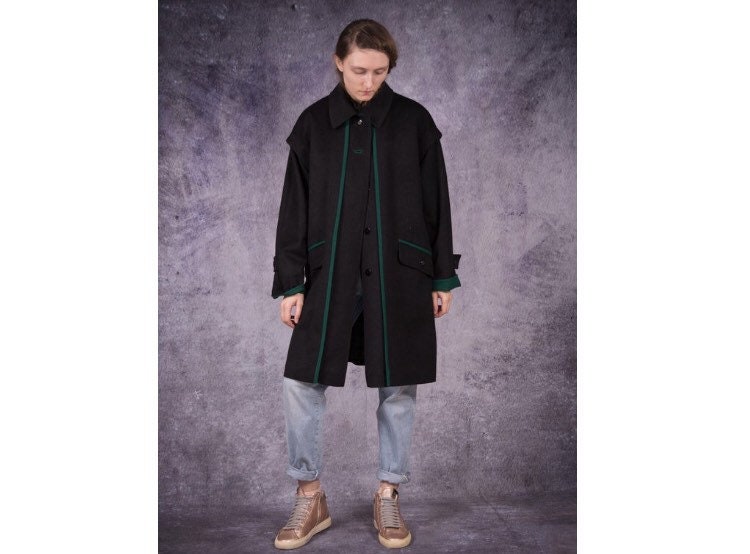 90S Vintage Wool Blend, Beautiful Black Oversized Knee Length Coat, Womens Clothing By Mooha