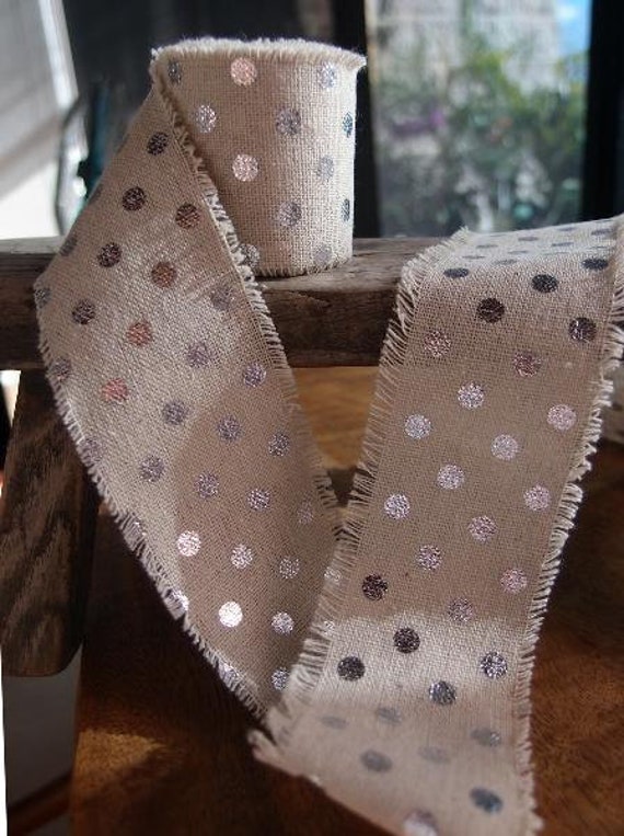 2 X 5Yard Silver Polka Dot Linen Blend Ribbon With Fringe Edges, Polyester Ribbon, For Wreaths, Packaging
