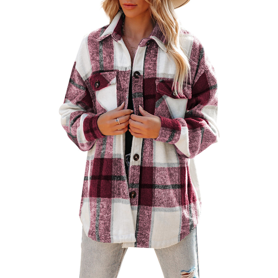 Womens Casual Plaid Shacket Wool Blend Button Down Long Sleeve Shirt Fall Jacket Shackets - red, M