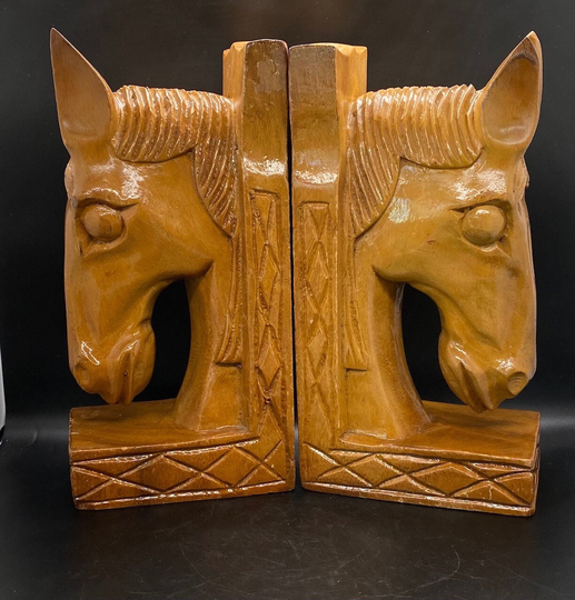 Pair Of Vintage Wood Carved Horse Head Book Ends - Primitive Folk Art Style