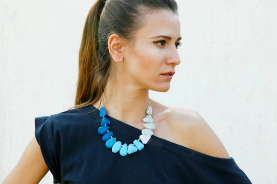 Blue Statement Necklace, Navy Grey White Polymer Clay Gem Candy Collection