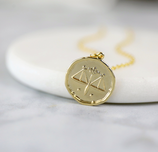 Libra Sign Coin Necklace, Zodiac Jewelry, Celestial Jewelry, Constellation Necklace, September, October Birthday Gift, Bridesmaid Gift