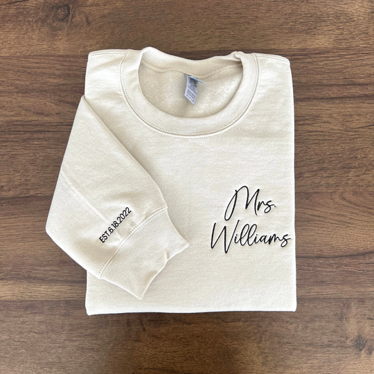 Custom Mrs. Embroidered Sweatshirt, Date On Sleeve, Personalized Gift For Bride, Wife Shirt, Future Mrs Hoodie, Engagement Gift, Bride To Be