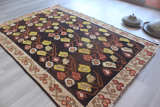 5'x7' Vintage Kilim Rug, Karabagh Ethnic Floral Kilim, Karabakh, Handwoven Rug/N-954 4'8"x7'