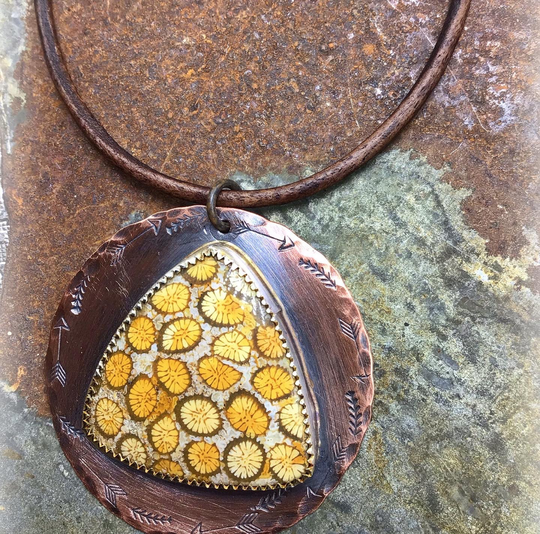 Looks Like Little Lemon Slices in This Fossil Agate Necklace By Weathered Soul, Bezel Set On Copper With Leather & Buffalo Nickel