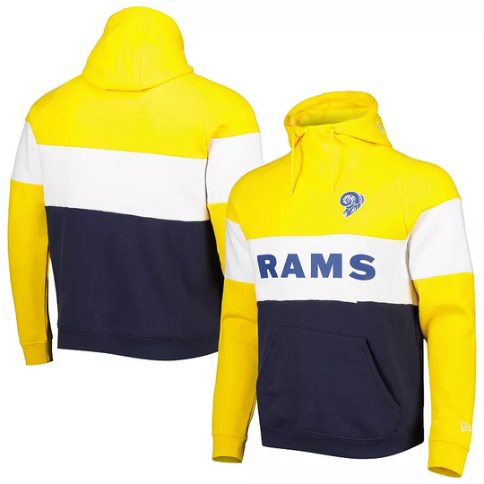 Men's New Era Navy/Gold Los Angeles Rams Colorblock Throwback Pullover Hoodie, Size: Small, Blue