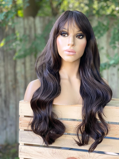 Human Hair Blend Wig Dark Brown Wig Color 2 Hair 22" Long Wavy With Bangs