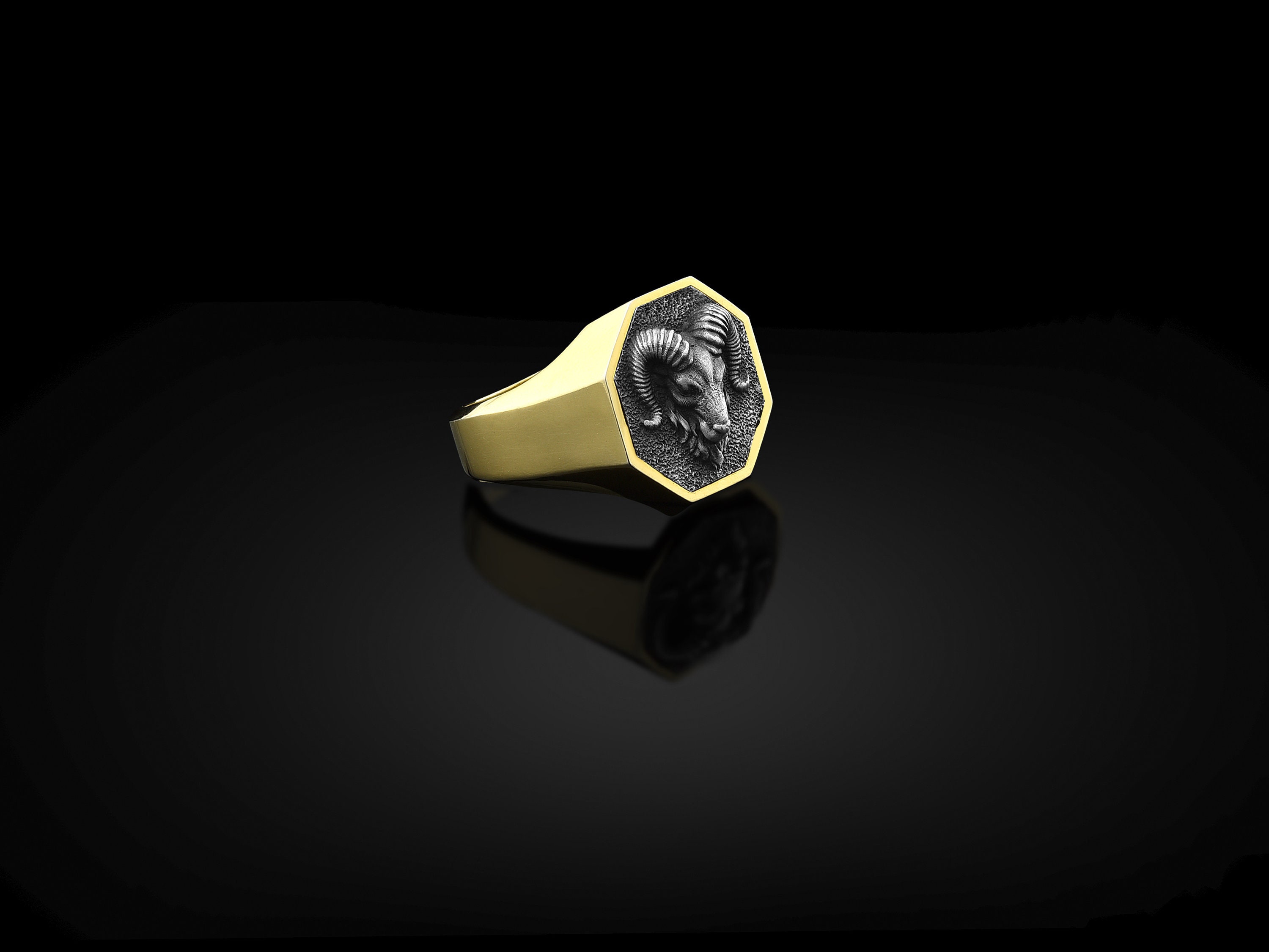 Ram Head Signet Silver Men's Ring, 925 Aries Men Gold Plated Boho Man Animal Jewelry, Ring For Mens