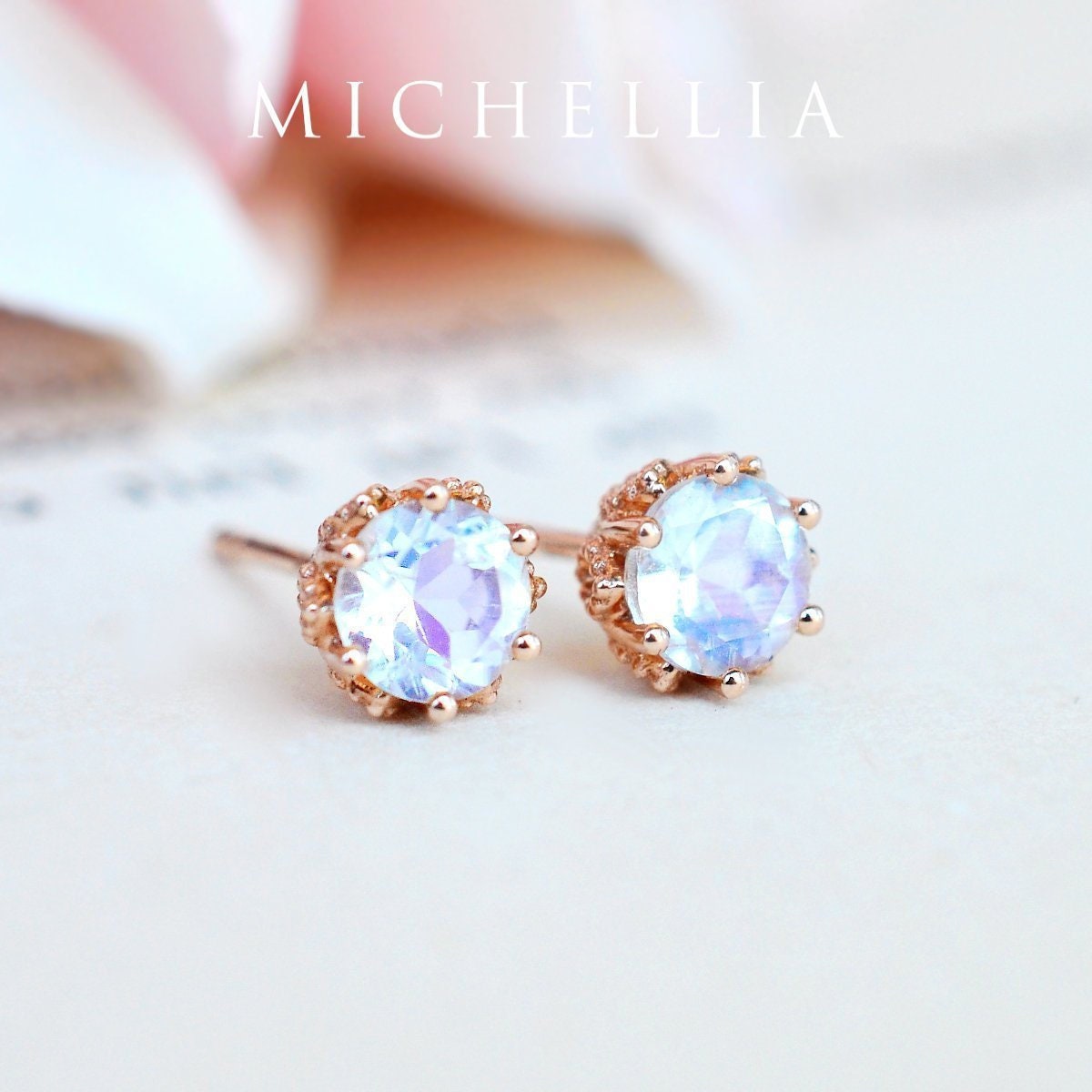 Eden Moonstone Earrings, Petite Floral Ear Stud, Post, Anniversary Gift For Her, in 14K Gold, 18K Platinum