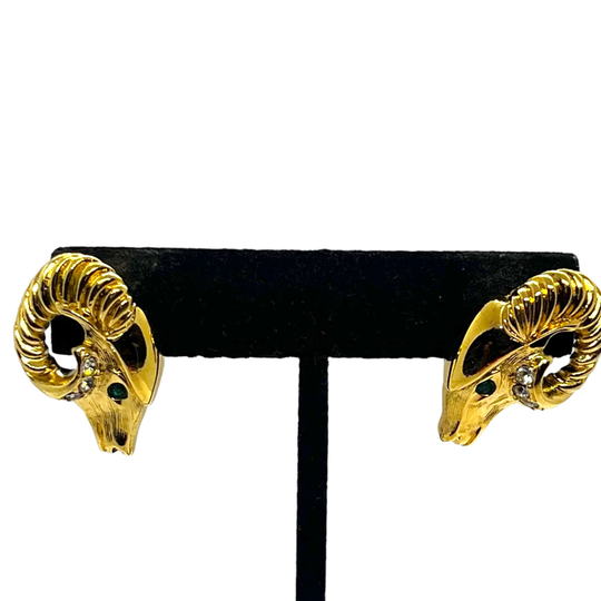 Stunning Vintage Kjl Rams Head Earrings 1980S 1990S Runway Couture Gold Rhinestone Designer For Avon Statement Jewelry