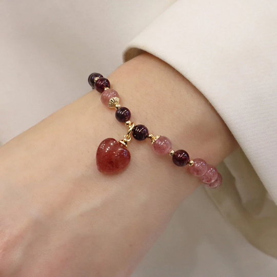 Natural Strawberry Crystal & Garnet Gemstone Beaded Bracelet For Women, Heart Charm Bead Bracelet, Gift Mom, Lucky